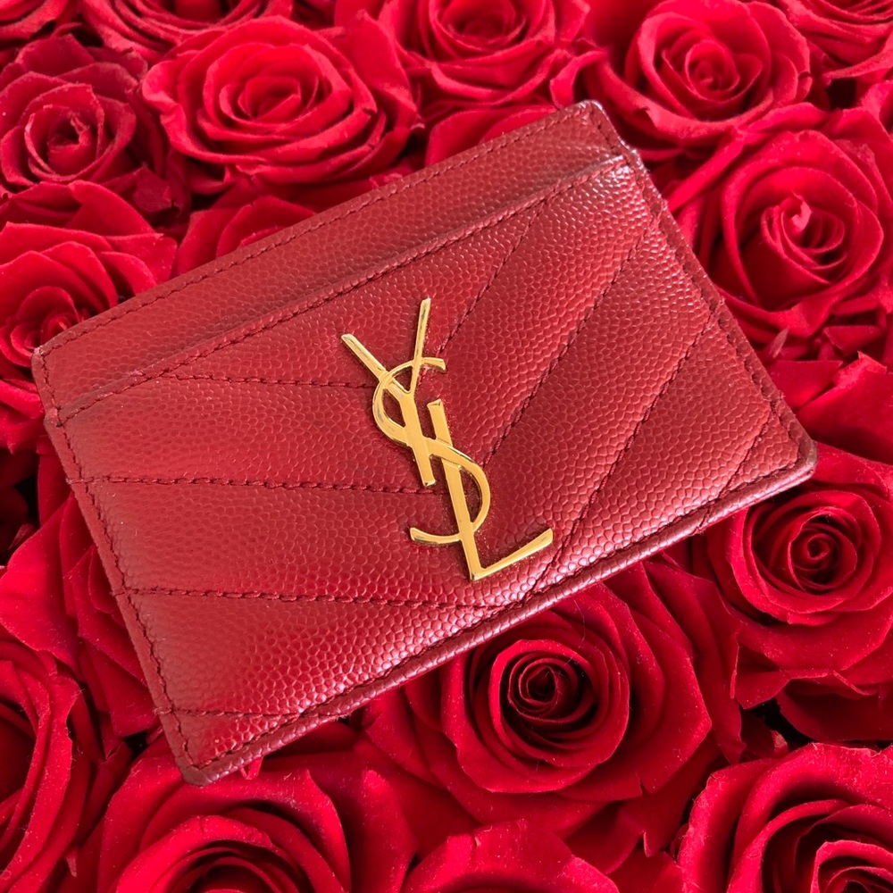 Saint Laurent Red Chevron Quilted Card Holder